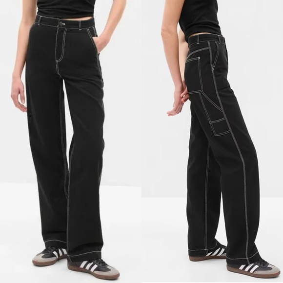 Gap Womens Carpenter Pants Size 8 Black White Contrast Stitch High Rise Cotton - Picture 1 of 14